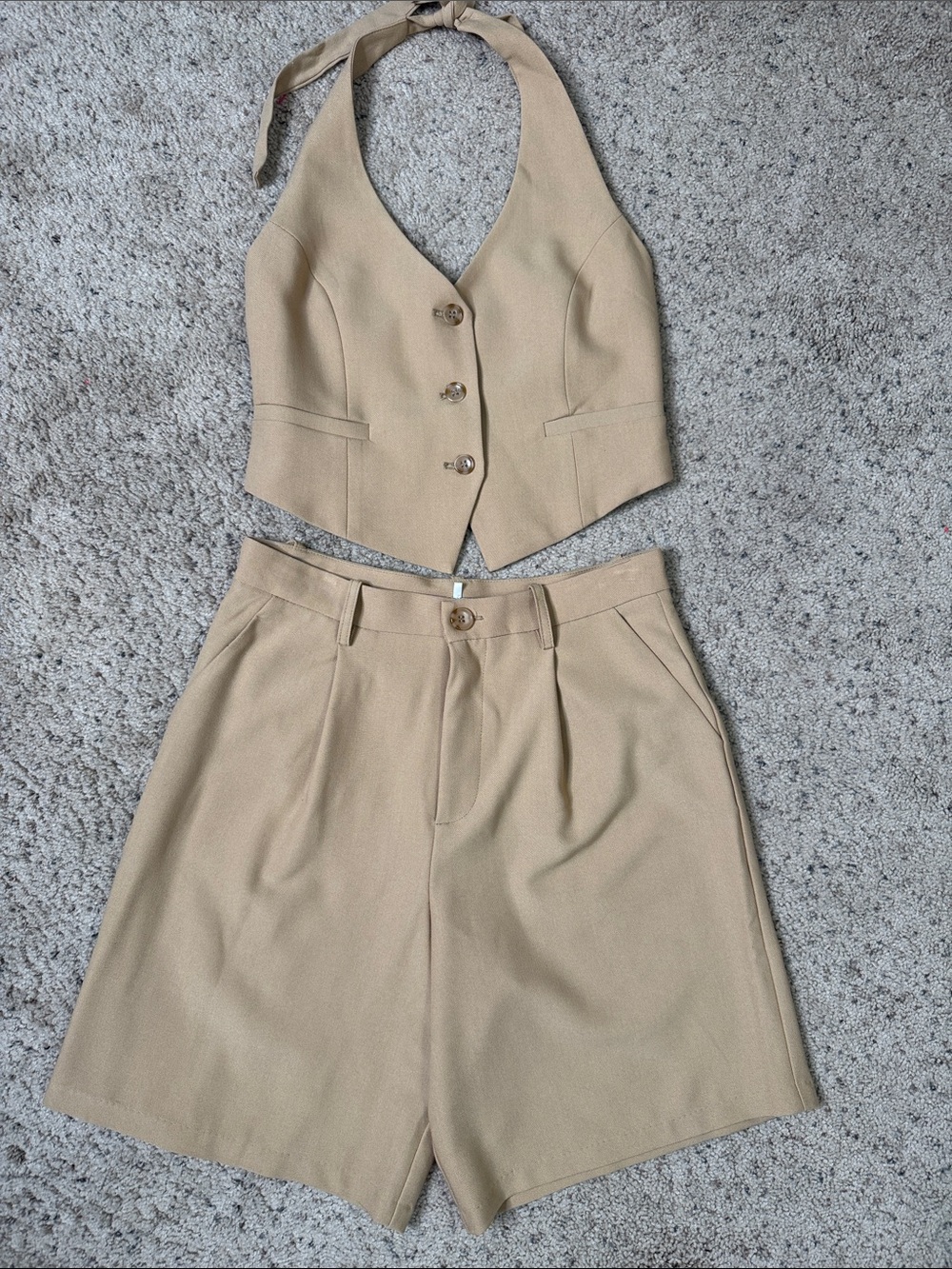 Wayf Beige Halter Vest & High-Waist Bermuda Shorts Set S